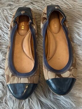 Coach Tan Signature Canvas Flats with Navy Leather Cap Toe